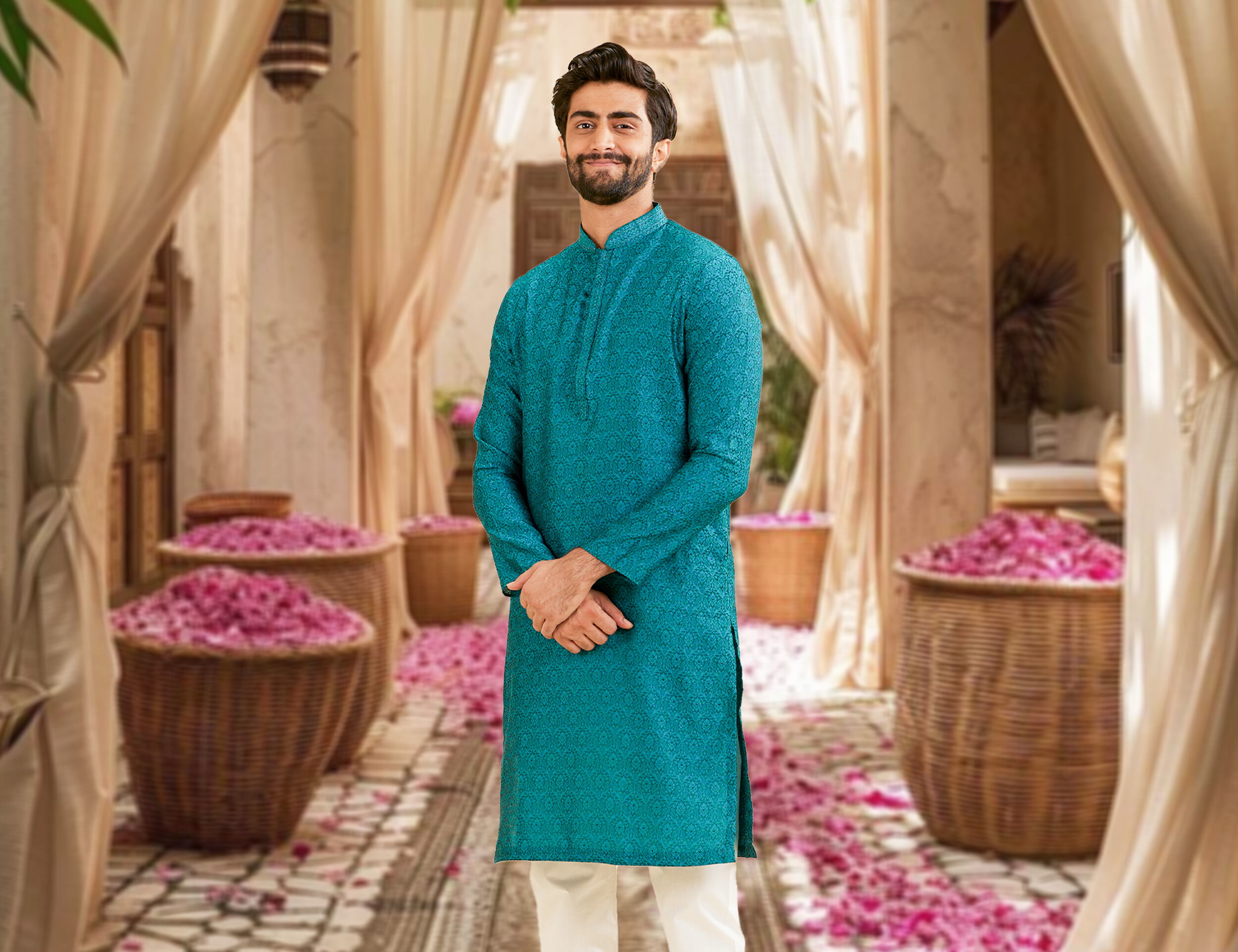  A man wearing a blue sherwani set for sisters wedding